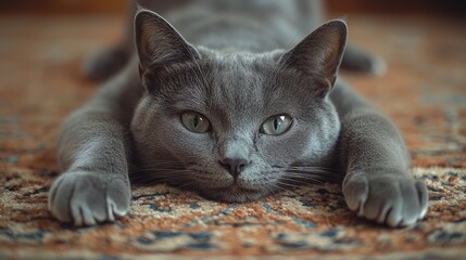 Close-up of a relaxed gray cat on a patterned rug