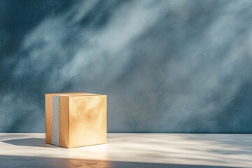 Simple golden gift box placed on a smooth surface against a textured blue background in warm lighting