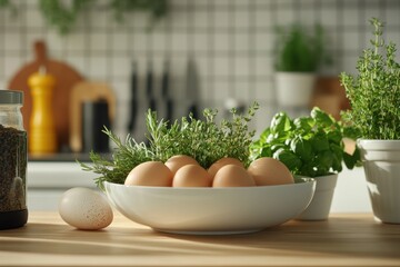 Simple Rustic Kitchen Still Life Fresh Brown Eggs Nestled in a Bowl with Vibrant Herbs, Thyme, Rosemary, and Basil on a Wooden Countertop A Single Egg Sits Beside the Bowl, bathed in Warm Sunlight