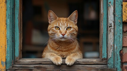 Curious orange cat gazing from a wooden window
