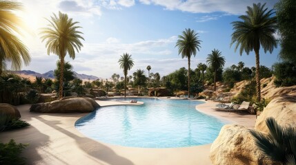 Fototapeta premium Desert Oasis Poolside Scene: A Luxurious Tropical Paradise. Serene and Modern Pool Design with Palm Trees and Natural Stone. Perfect for a Relaxing Resort Getaway.