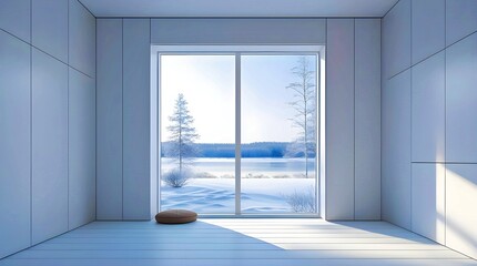 Fototapeta premium Modern Scandinavian Interior with Large Windows Showcasing a Peaceful Winter Landscape