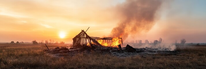 Large flames engulfing an old wooden barn in a field during sunset, producing thick smoke and vibrant orange hues as the sun sinks below the horizon, highlighting the destruction