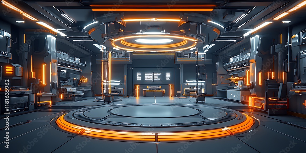 Poster ultra modern sci fi laboratory with neon lighting and state of the art equipment : generative ai