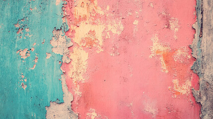 Weathered wall displays vibrant colors and peeling paint in urban setting