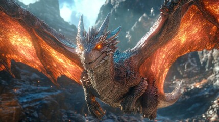 A magnificent dragon with iridescent scales flies gracefully above a volcanic terrain, its fiery wings illuminated by molten lava below. The creature exudes power and beauty
