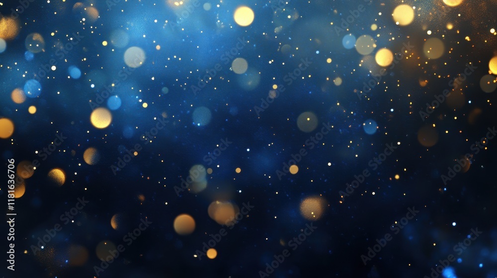 Wall mural abstract blue and gold bokeh lights background, festive sparkle texture.
