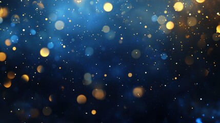 Abstract Blue and Gold Bokeh Lights Background, Festive Sparkle Texture.