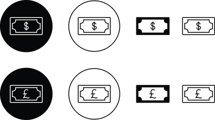 International currency symbol icons set. Currency dollar Pound black vector, salary money, invest finance, dollar America pound british, line and flat sign isolated on transparent background