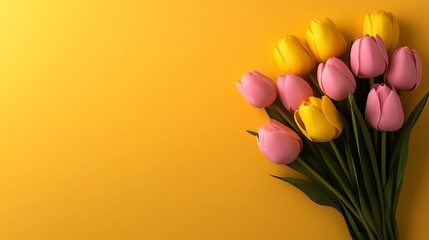 Yellow and pink tulips on a bright yellow background with space for text. Perfect for spring or holiday cards.