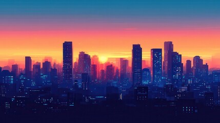 Fototapeta premium Vibrant Cityscape Silhouette at Sunset Digital Art with Retro Synthwave Colors