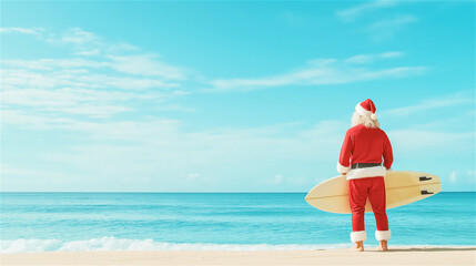 Santa Claus holding a surfboard while enjoying the sea breeze on a sunny beach. The image evokes relaxation and holiday fun under a bright blue sky.