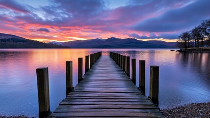 Obraz premium Serene twilight over a peaceful lake dock.