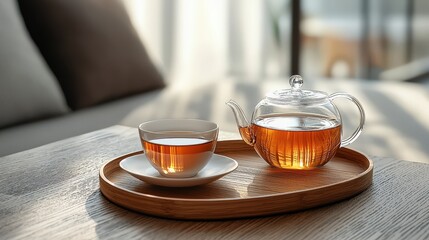 A modern tea presentation with traditional elements, including a teacup, saucer, and small teapot, designed for luxury hotel style photos with room for advertisements.