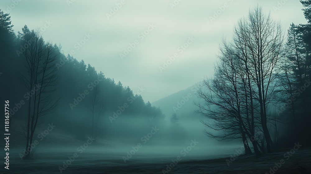 Poster Misty Mountain Landscape with Bare Trees in Serene Foggy Atmosphere : Generative AI