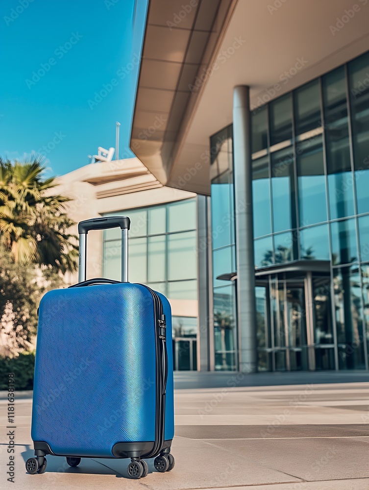 Poster Chic Blue Suitcase at Modern Office Building with Palm Trees and Glass Architecture : Generative AI