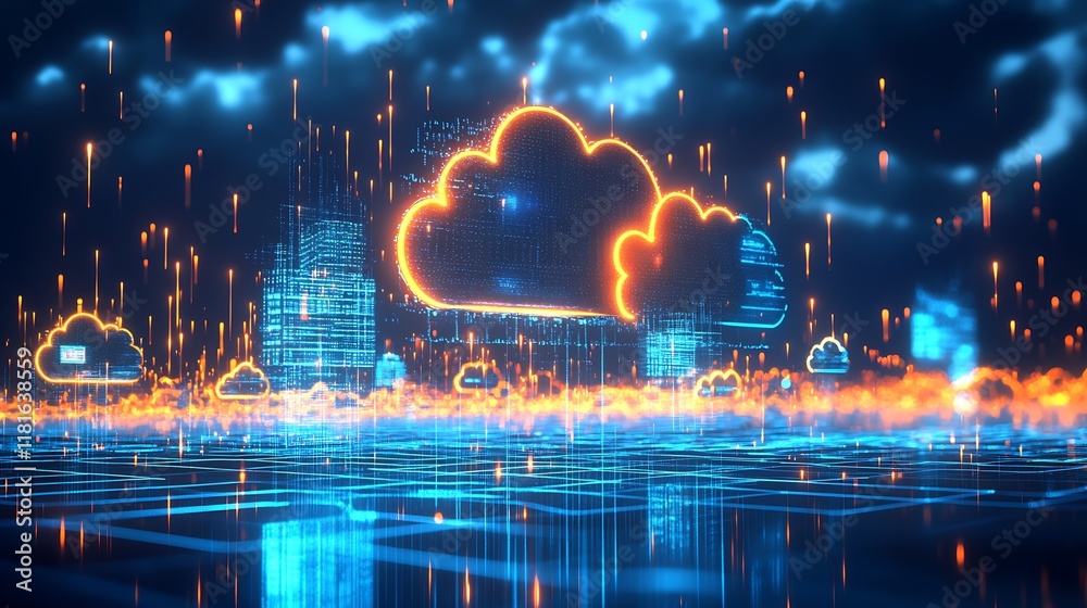 Aufkleber Futuristic Cloud Data Streams in a Vibrant Digital Landscape : Generative AI