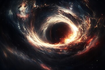 Fierce Cosmic Movement Encircling Black Hole With Fiery Swirls and Dramatic Stellar Display : Generative AI