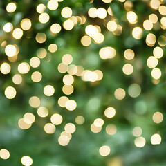 Obraz premium Bright, defocused bokeh lights in green and gold hues, evoking a festive and magical atmosphere. Ideal for holiday-themed designs.
