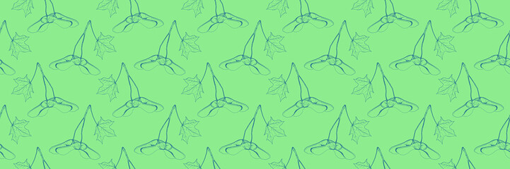 Elegant teal line art maple seeds and leaves repeat pattern on a light green background. Perfect for textile design, wallpaper, packaging, and autumn-themed projects.