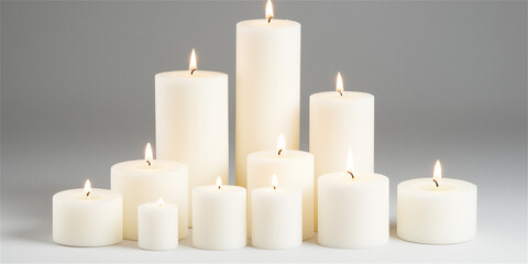 A serene arrangement of white candles of various heights on a plain gray background, creating a peaceful ambiance with warm lighting.