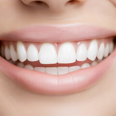 A close-up view of perfectly white and aligned teeth with a natural smile on a bright background. Dental care and hygiene concept.