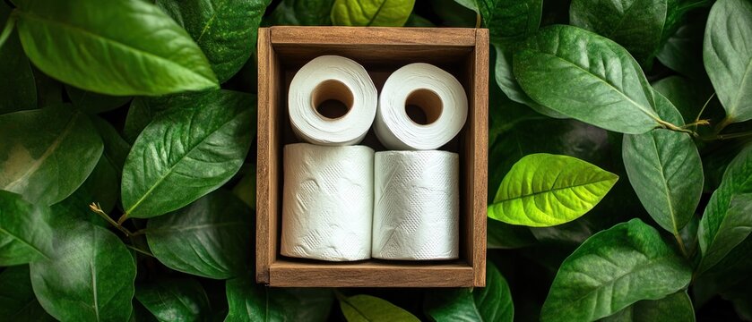 Eco-friendly toilet paper rolls presentation concept in a wooden box surrounded by green leaves