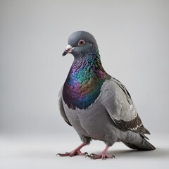A gray pigeon with iridescent feathers, standing on a plain white background.