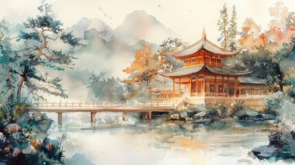 Obraz premium A serene depiction of an Asian temple, painted in light and dark tone pastel watercolors, focusing on the simplicity and grace of its architecture and surroundings.