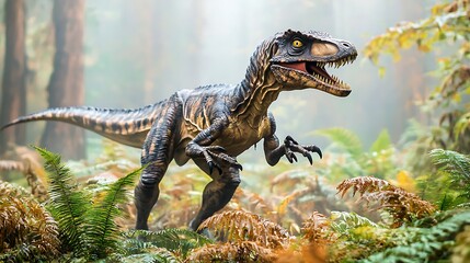 A dinosaur in a lush prehistoric forest setting.