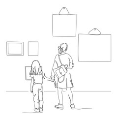 Woman with child daughter looking at art pictures in gallery. Back view. Single line drawing. Blakc and white vector illustration in line art style.