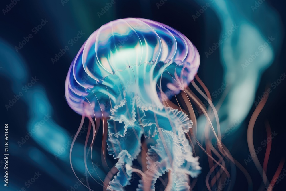 Poster A mesmerizing iridescent jellyfish floats gracefully in the deep ocean, its tentacles trailing behind.