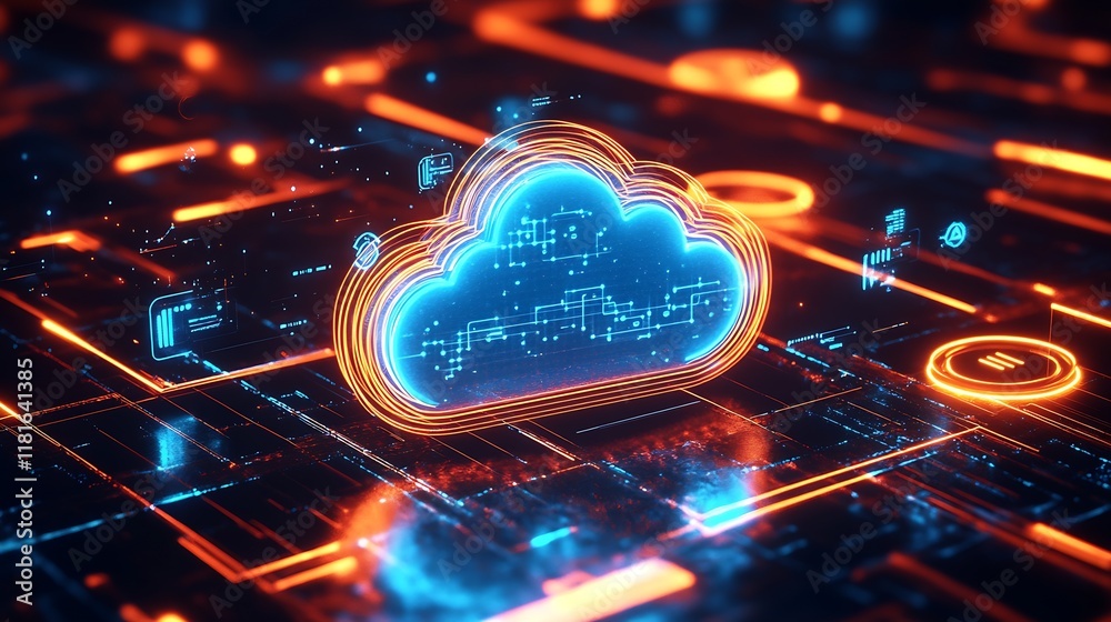 Aufkleber Futuristic Cloud Computing Concept with Digital Circuitry and Data Visualization : Generative AI