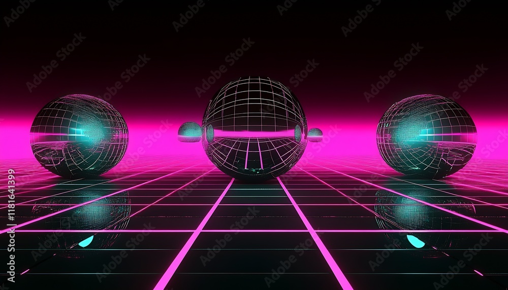Aufkleber Virtual Reality Digital Grid Spheres with Neon Light Reflections in Modern Technology Art : Generative AI