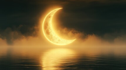 Golden Crescent Moon Reflected in Calm Water at Twilight with Dark Cloudy Sky.