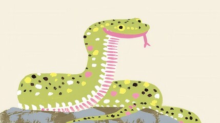 Snake watercolor concept. Coiled Green and Yellow Patterned Snake in Tropical Habitat