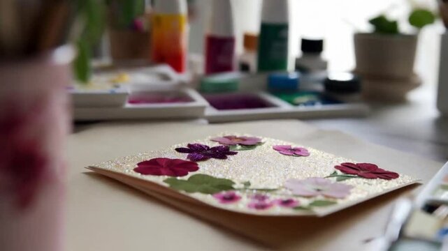 Handmade Valentine&rsquo;s card with pressed flowers and glitter details, laid on a craft table with art supplies