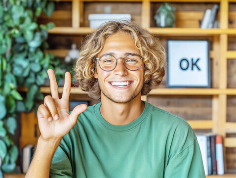 A smiling man with glasses showing the 'OK' hand gesture while sitting in a cozy home office environment. Perfect for concepts of positivity and confidence.