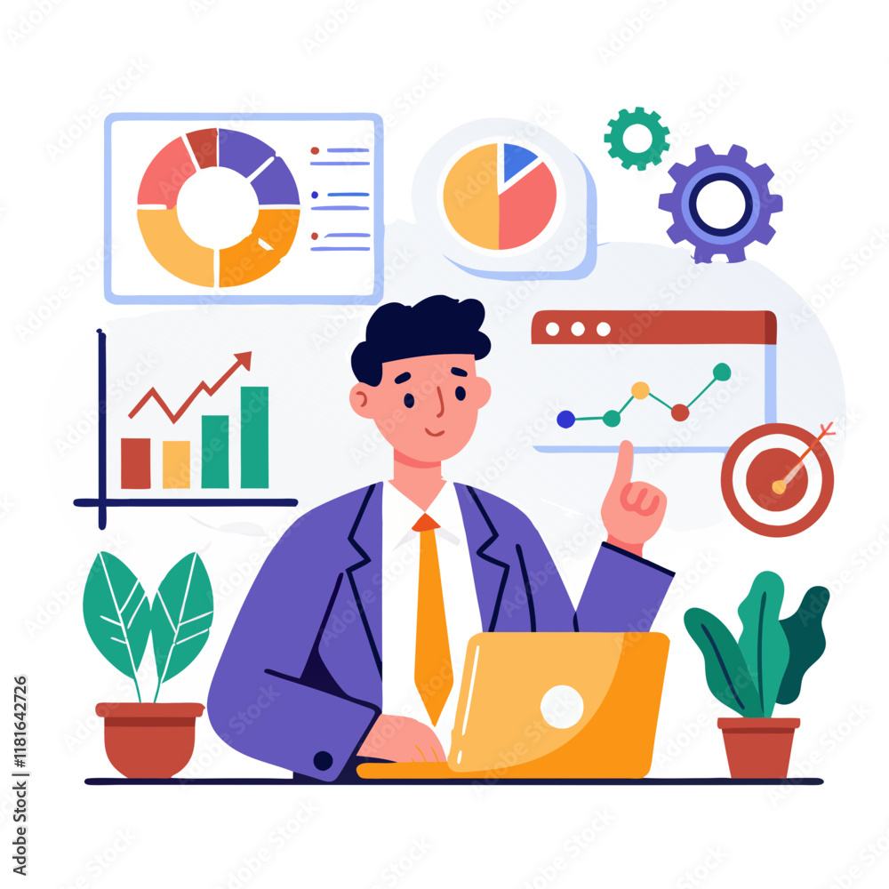 Poster professional focusing on key performance indicators while using a laptop in a contemporary workspace