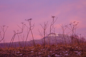 Beautiful mountain landscape with colorful sky. Polish Bieszczdy