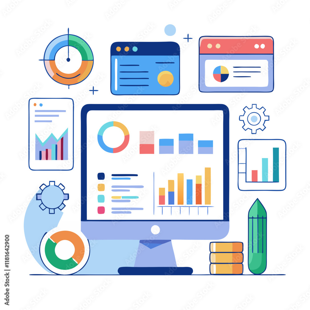 Poster visual representation of a project dashboard showcasing real time metrics, graphs, and charts that h