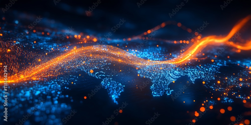 Aufkleber Abstract Data Visualization Representing Global Technology Future with Blue and Orange Elements : Generative AI