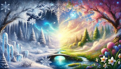 Obraz premium Dreamlike Passage from Winter's Serenity to Spring's Radiance in a Fantasy Landscape