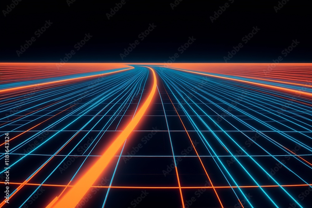 Poster Dynamic Flow of Neon Lights in an Abstract Futuristic Digital Grid : Generative AI