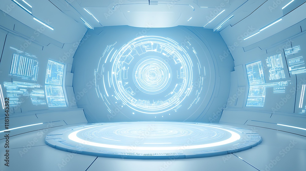 Poster sleek high tech control room interior with holographic interfaces and neon lights : generative ai