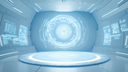 Obraz premium Sleek High Tech Control Room Interior With Holographic Interfaces and Neon Lights : Generative AI