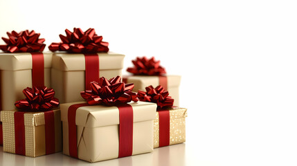 Gifts Wrapped Beautifully with Red Ribbons on White Background