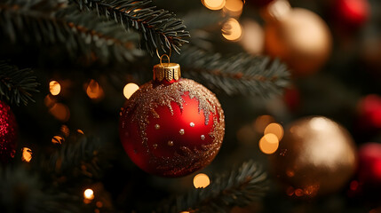 Red Ornament Hangs Beautifully on Tree with Golden Lights Sparkling Brightly