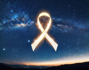 A radiant cancer awareness ribbon glows in the night sky, symbolizing hope and support.