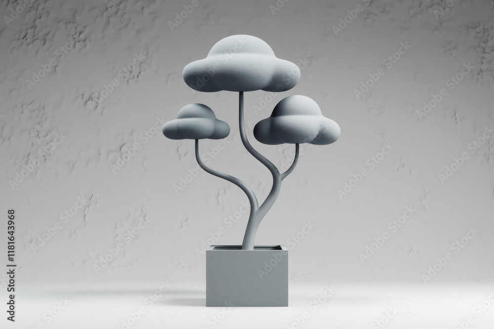 Aufkleber stylized 3d render of a minimalist gray plant with cloud-shaped leaves in a square pot against a tex